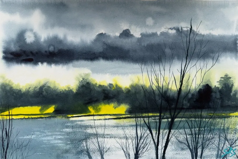 A Sparkle of Hope original watercolour painting showing light on water at Buckland Lakes near Reigate in Surrey.