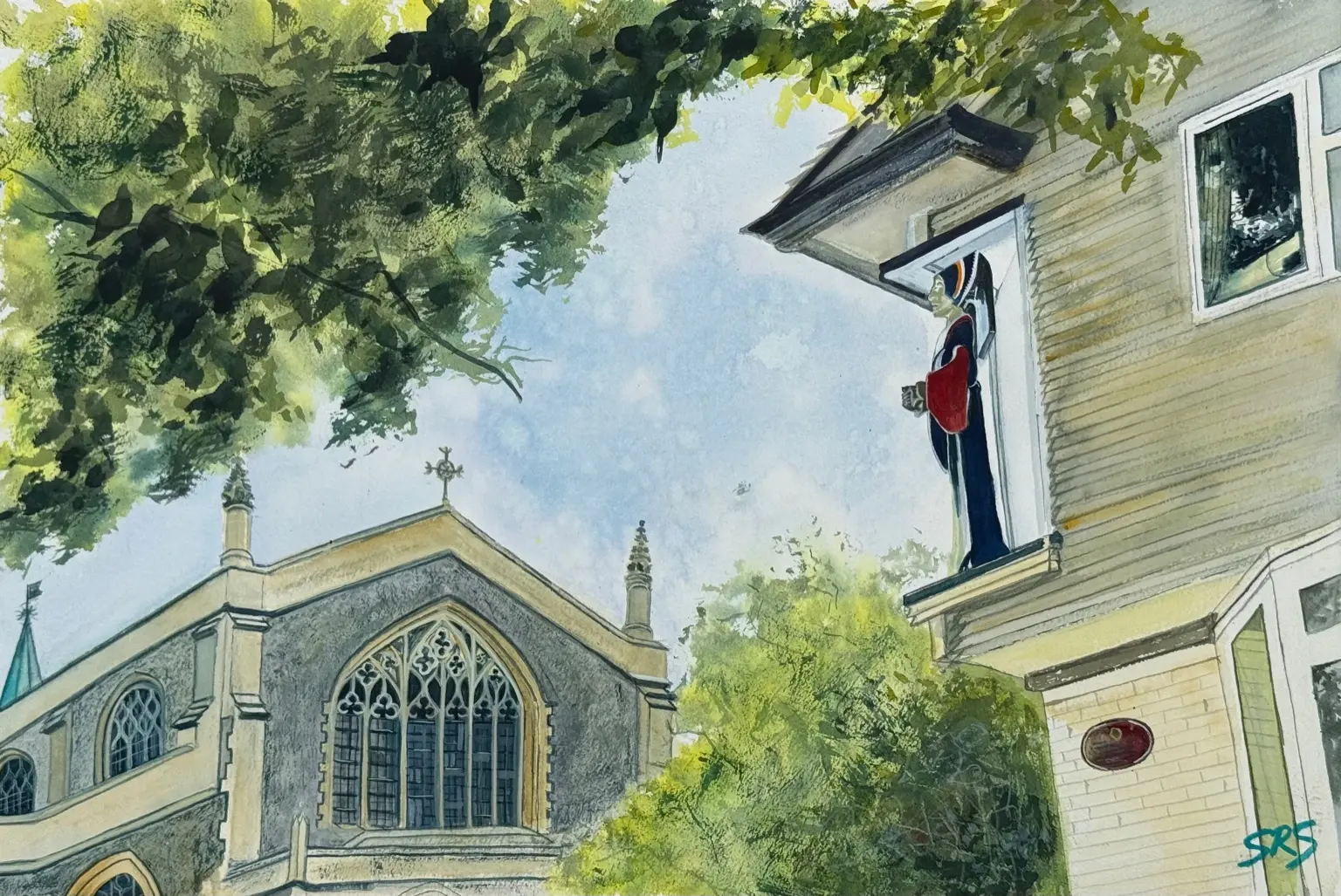 Anne Boleyn's Point Of View original watercolour painting showing Carshalton architecture, trees and a historic figure sign.