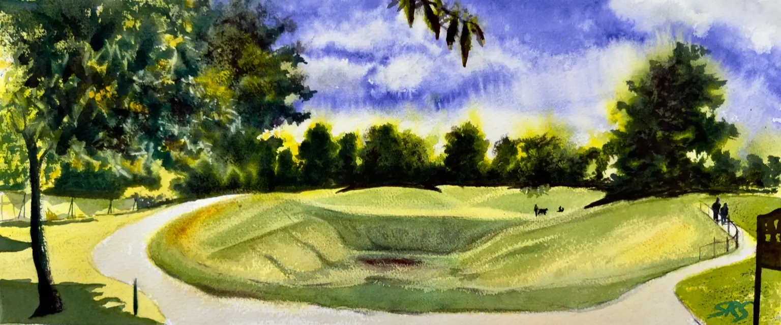 Before The Eco Fair, Carshalton Park original watercolour painting showing a wide green park landscape under a blue sky.