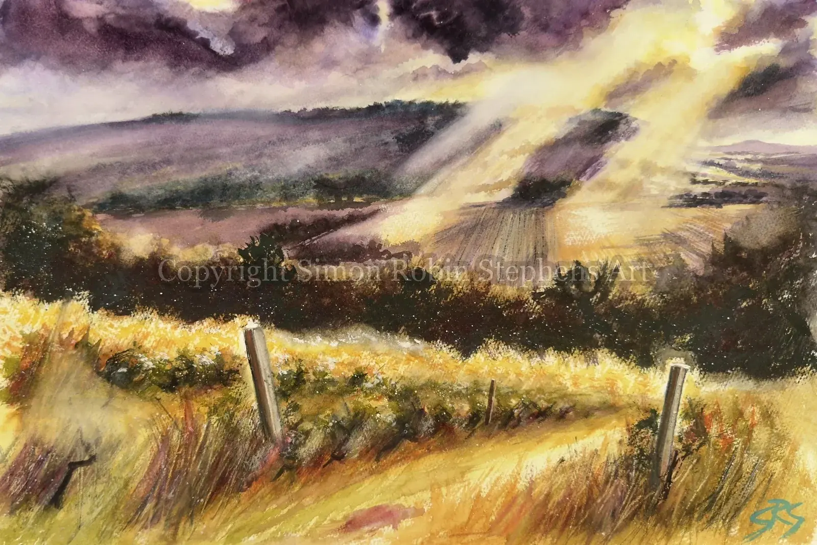 Beyond the Vines original watercolour painting inspired by Denbies Vineyard, looking towards Box Hill in Surrey.