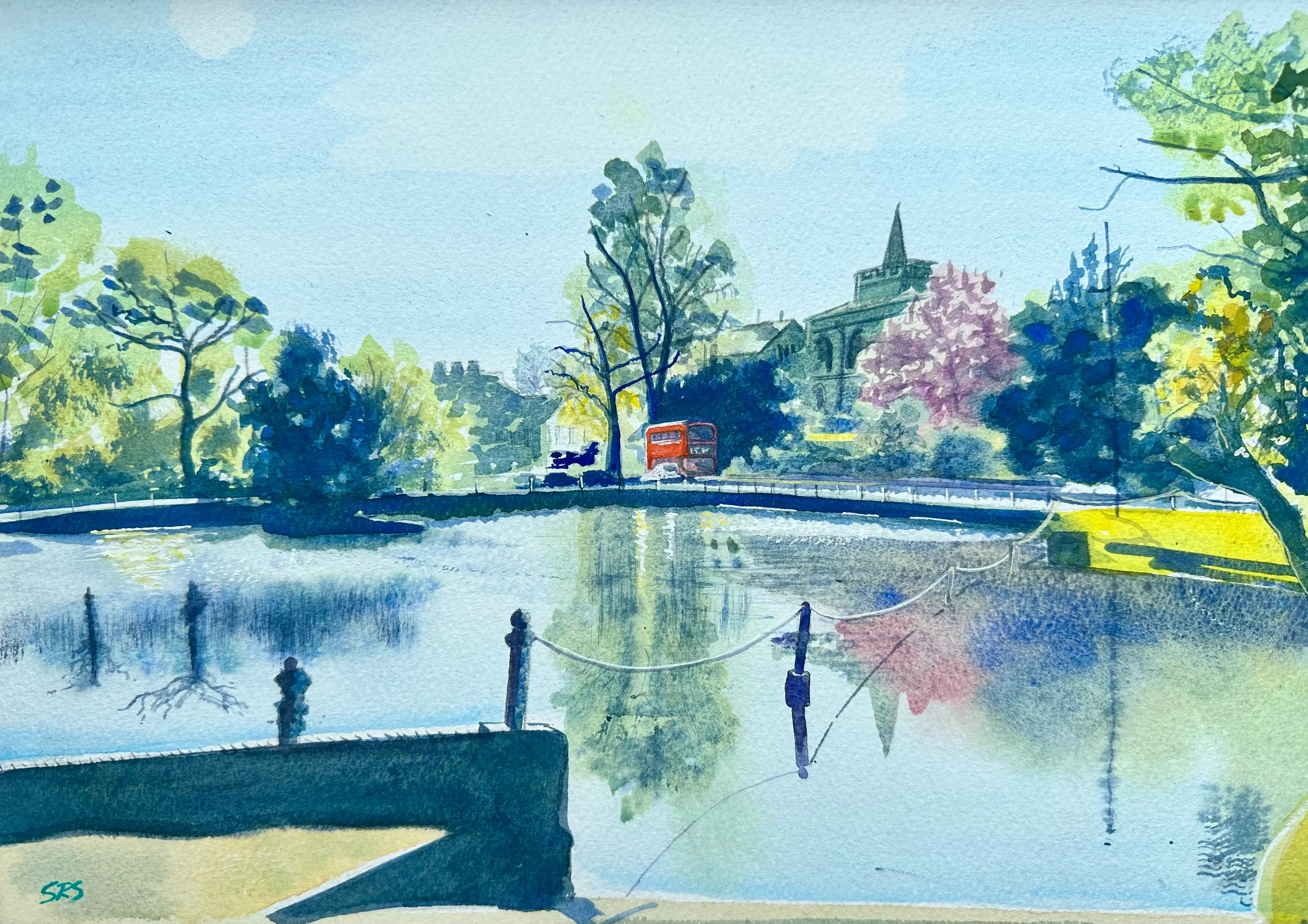 Carshalton A Pond Reflection original watercolour painting showing Carshalton Ponds with water reflections, trees, church and a red bus.