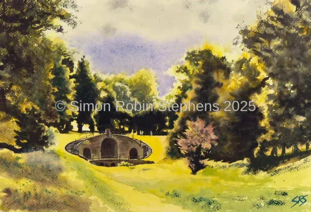Echos Of Stone original watercolour painting showing a sunlit Carshalton green space with trees and old stonework.