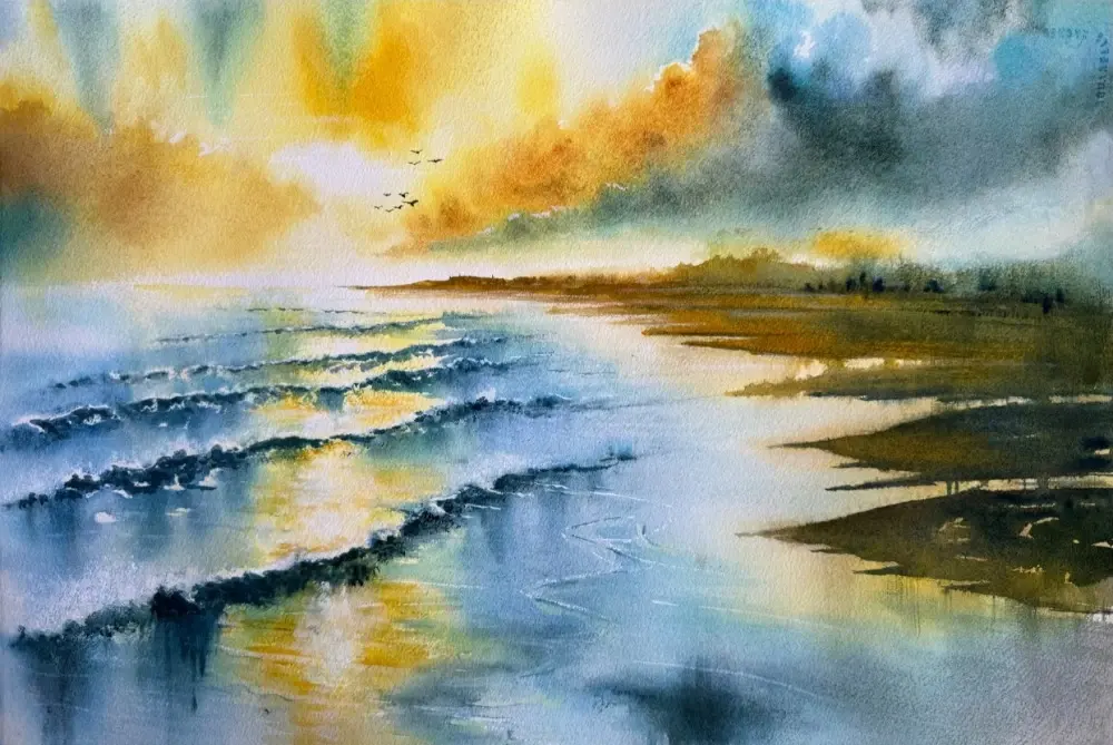 Eternal Shores watercolour painting showing a calm coastal shoreline, sea, sky, and soft atmospheric light.