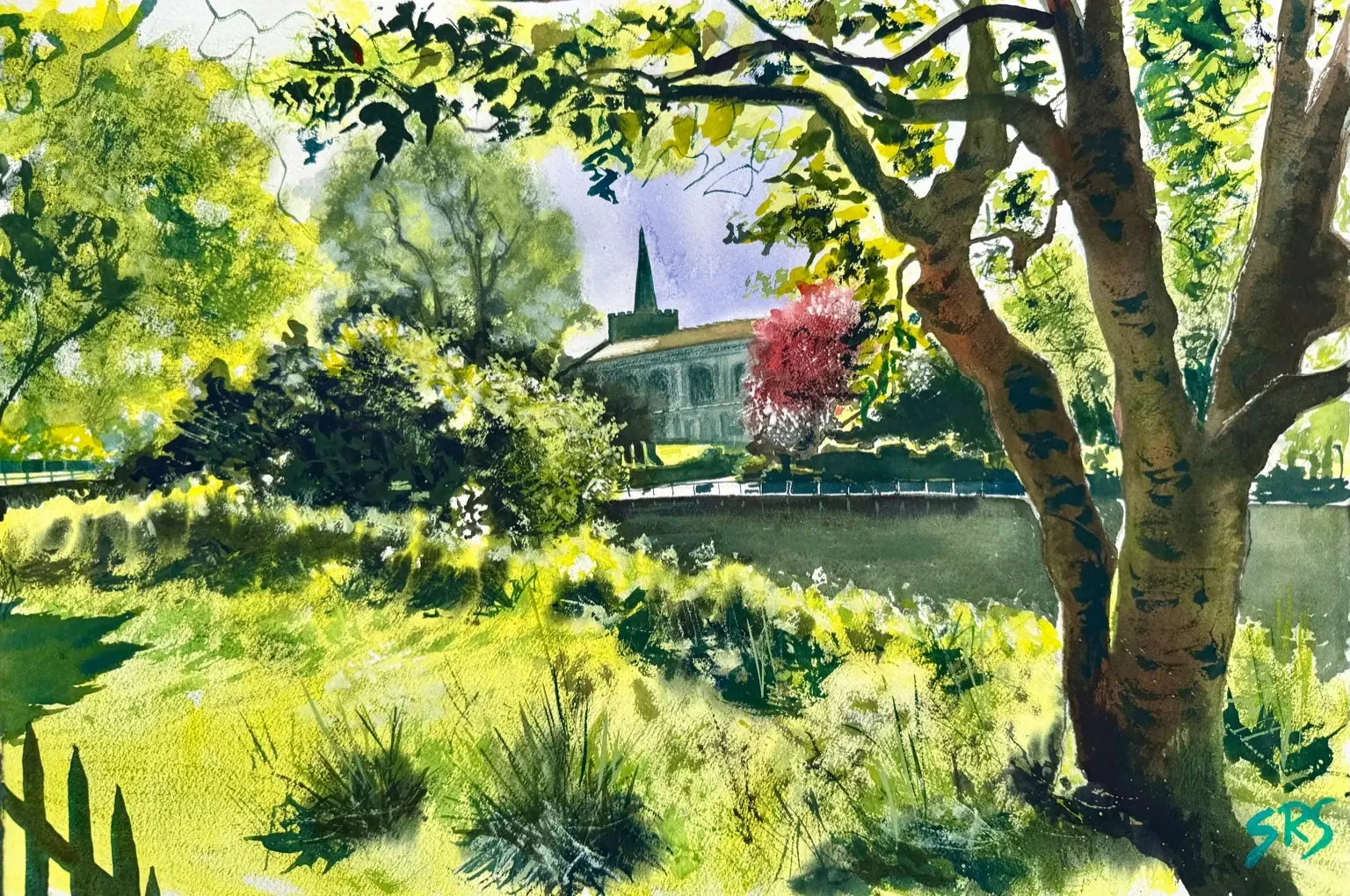Inspired By Carshalton original watercolour painting showing trees, water, church and sunlight near Carshalton Ponds.