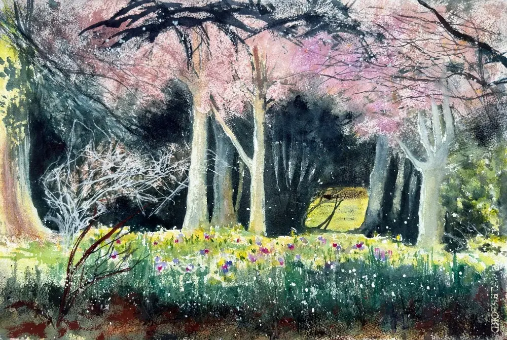 Oaks Park Spring Awakening original watercolour painting of Oaks Park near Carshalton and Sutton in spring.