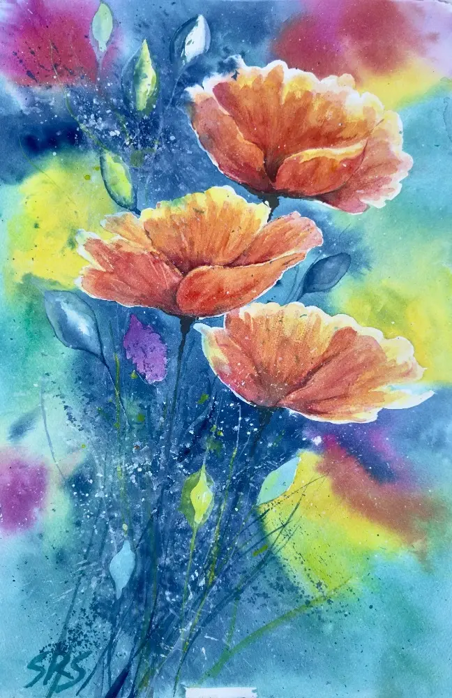 Expressive watercolour painting exploring colour returning after overwhelm, with vibrant layered tones.