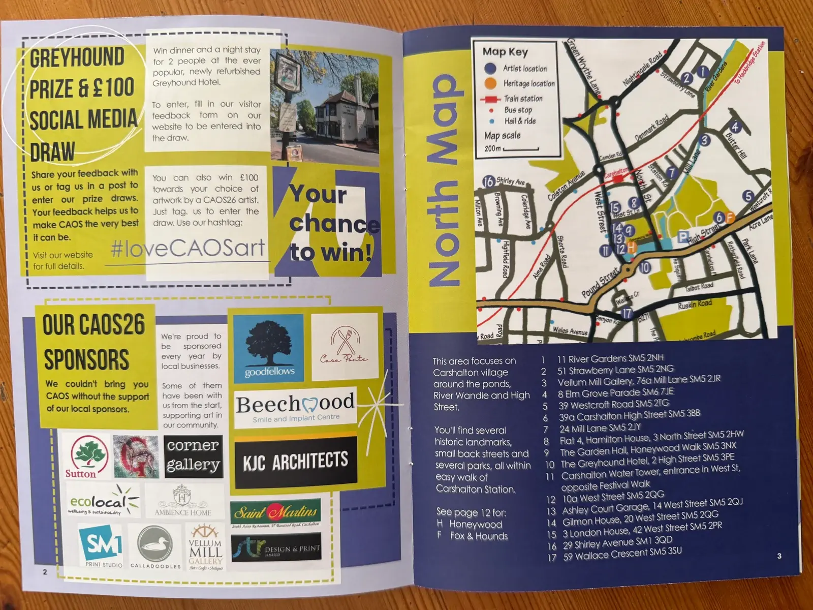 Carshalton Artists Open Studios 2026 booklet showing the North map and Location 11 at Carshalton Water Tower.