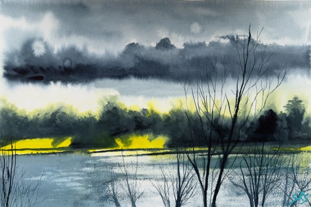 A Sparkle of Hope original watercolour painting showing light on water at Buckland Lakes near Reigate in Surrey.