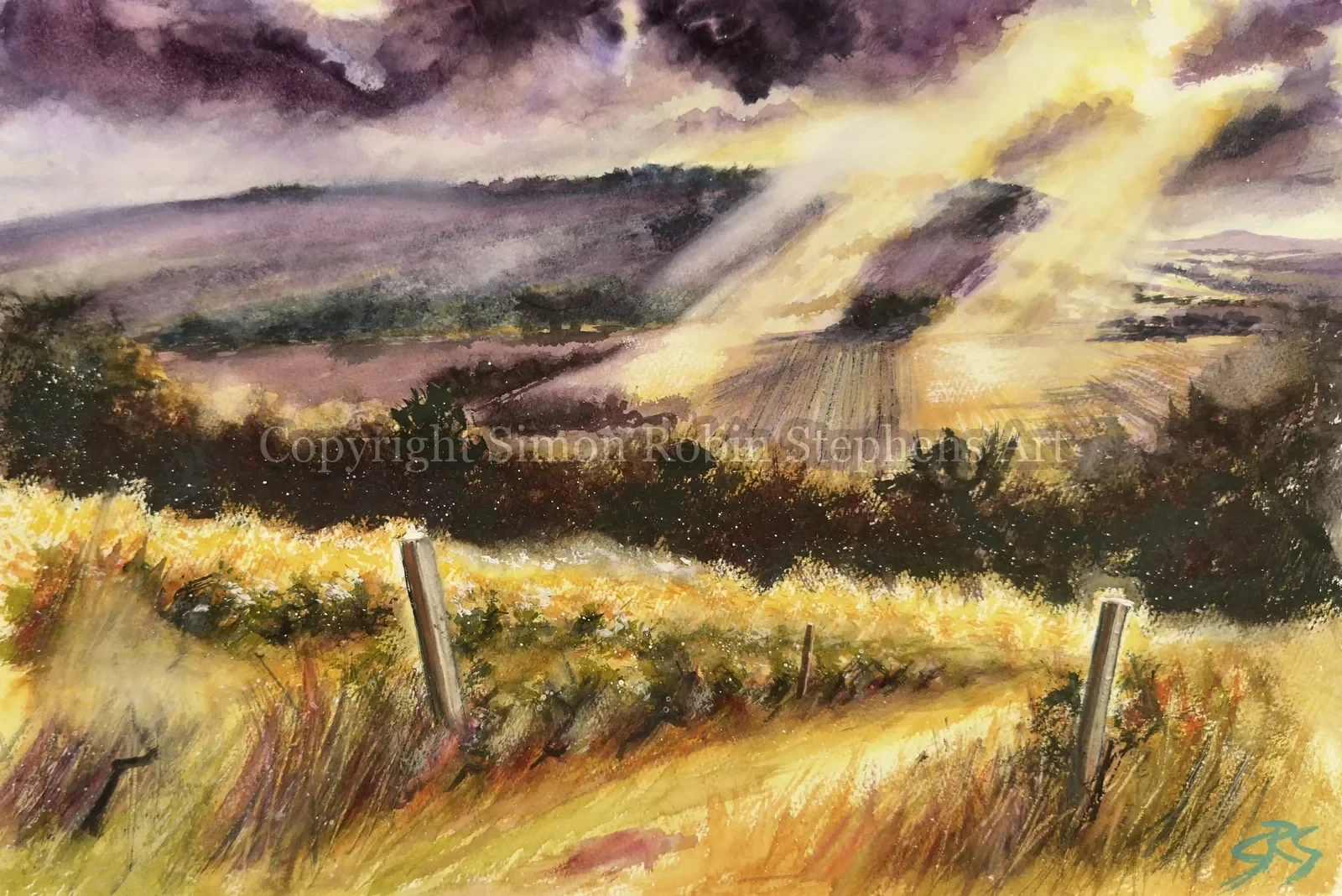 Beyond the Vines original watercolour painting inspired by Denbies Vineyard, looking towards Box Hill in Surrey.