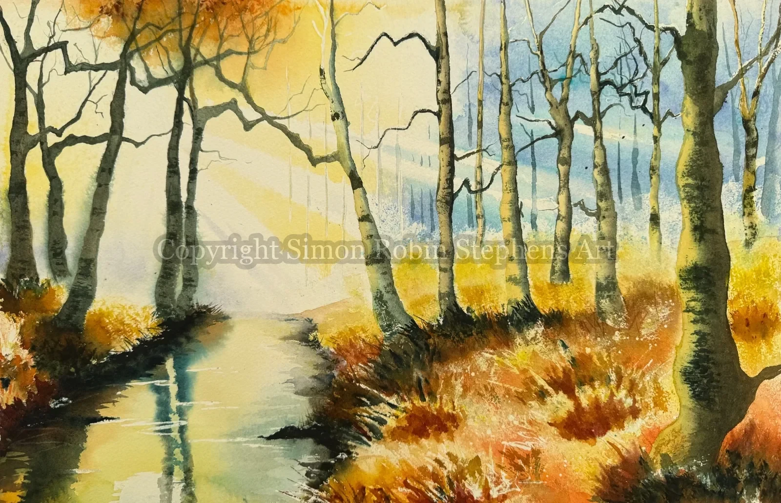 Dreaming In BirchLight watercolour painting showing a golden birch woodland with warm reflections and soft green light.