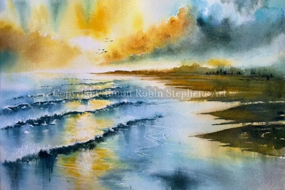 Eternal Shores watercolour painting showing a calm coastal shoreline, sea, sky, and soft atmospheric light.