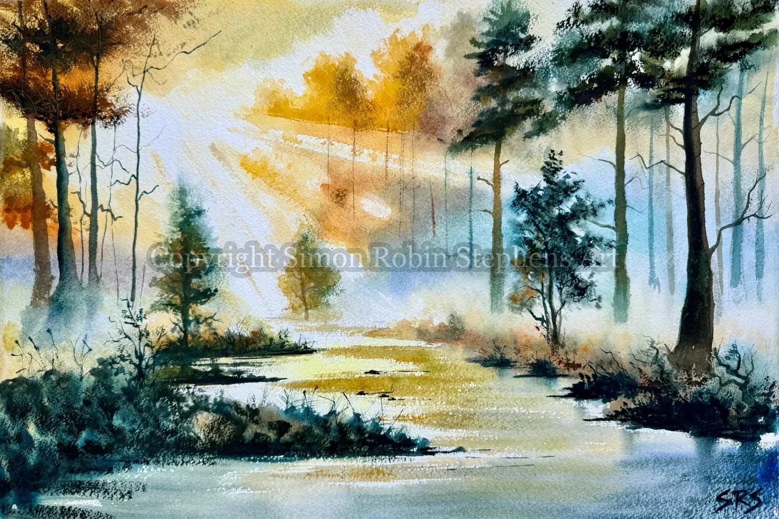 Golden Hush watercolour painting showing a warm golden-hour landscape filled with soft light and stillness.