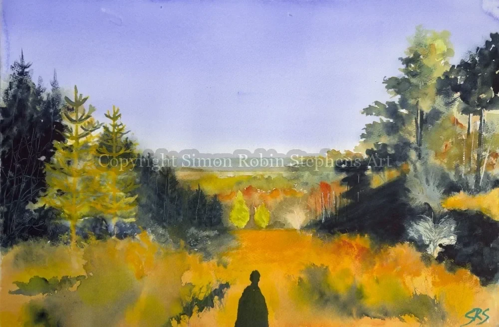 Golden Path to Peace original watercolour painting showing a glowing path through trees at Leith Hill in Surrey.