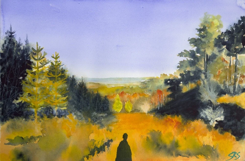 Golden Path to Peace original watercolour painting showing a glowing path through trees at Leith Hill in Surrey.