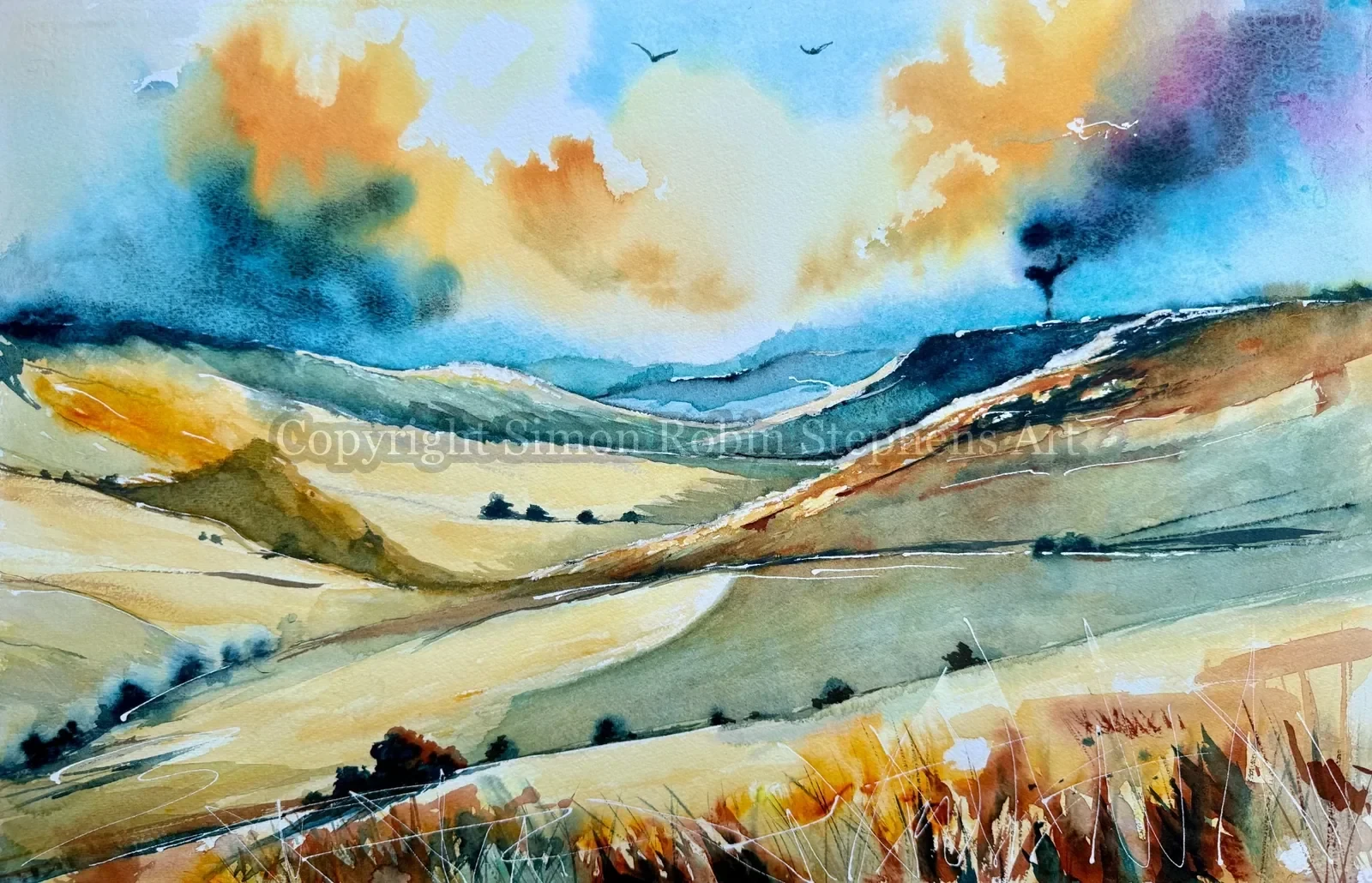 Home Imagined watercolour painting showing rolling hills and open sky, exploring calm, belonging, and the idea of home.