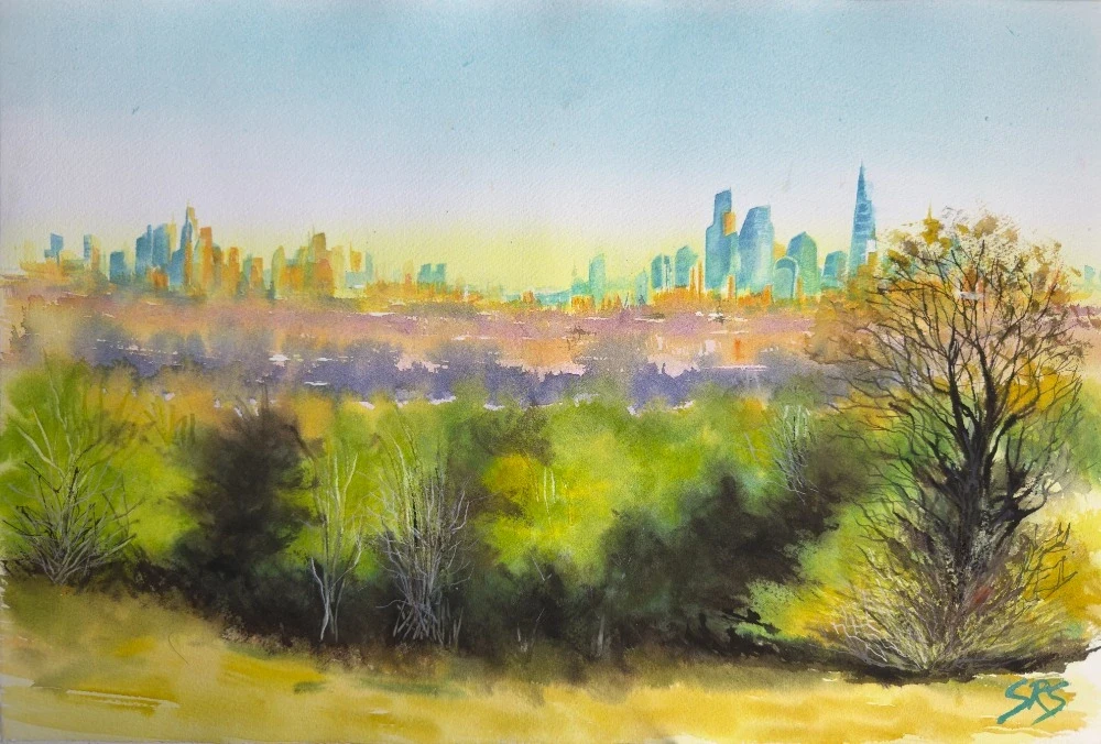 Sanctuary and the City original watercolour painting showing a calm view toward London from Epsom Downs in Surrey.