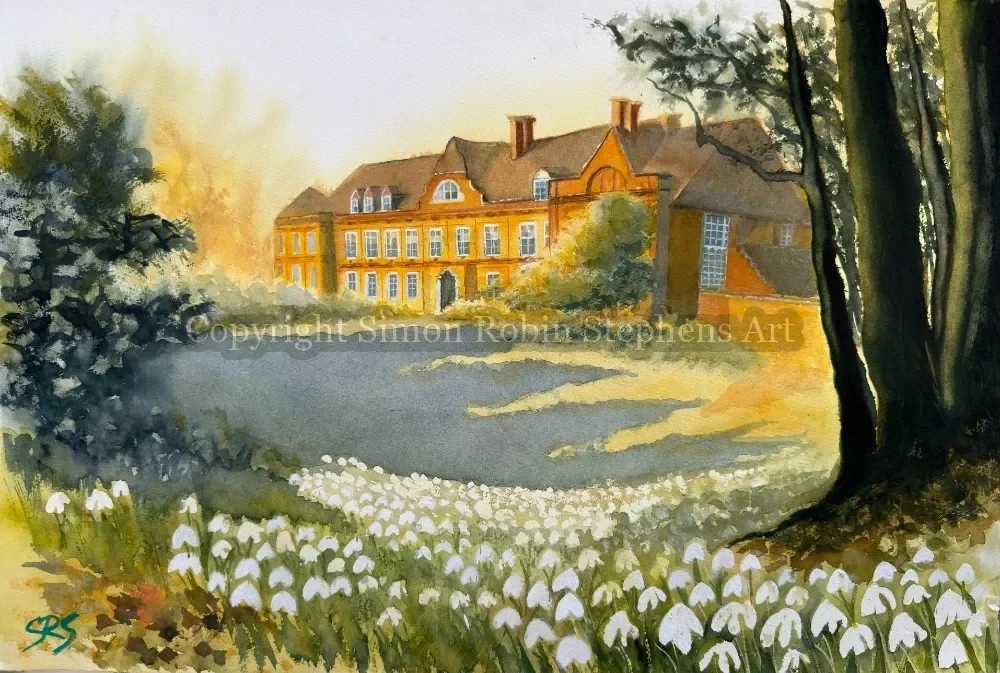 A Thousand Little Hopes watercolour painting of snowdrops and early spring light at West Horsley Place in Surrey.