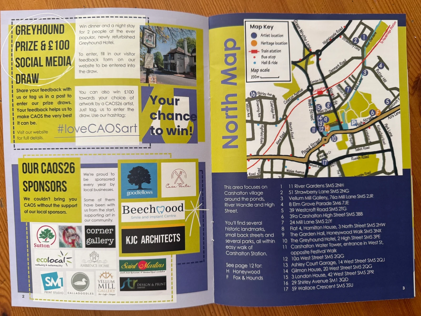 Carshalton Artists Open Studios 2026 booklet showing the North map and Location 11 at Carshalton Water Tower.