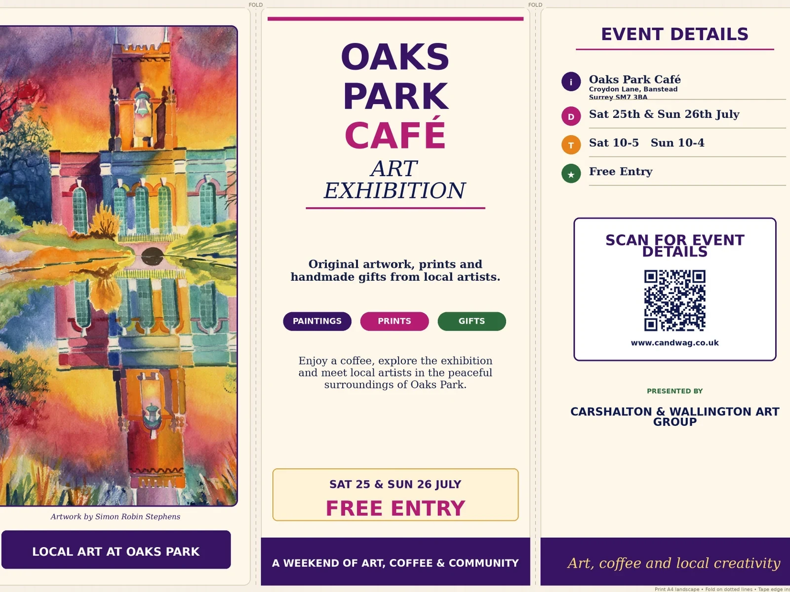 Oaks Park Cafe Art Exhibition table tent with Simon Robin Stephens artwork and visitor details.