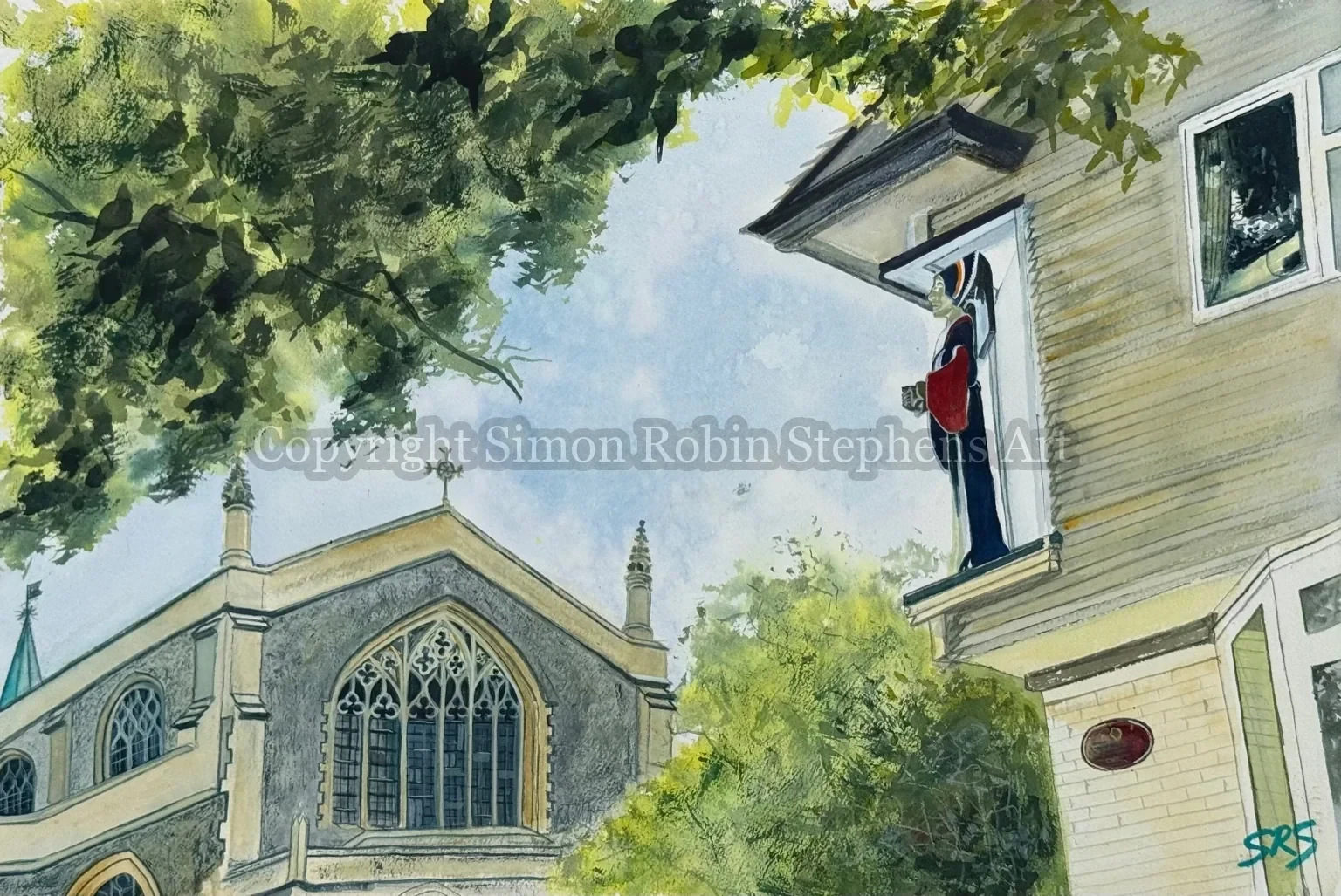 Anne Boleyn's Point Of View original watercolour painting showing Carshalton architecture, trees and a historic figure sign.
