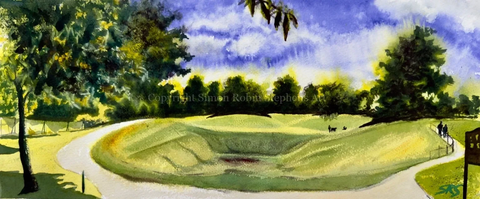 Before The Eco Fair, Carshalton Park original watercolour painting showing a wide green park landscape under a blue sky.