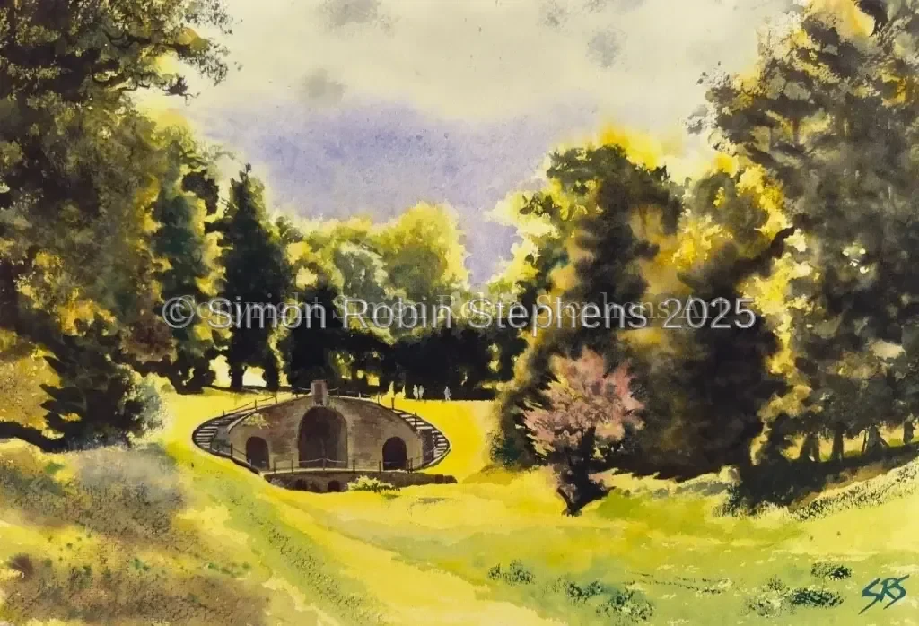 Echos Of Stone original watercolour painting showing a sunlit Carshalton green space with trees and old stonework.