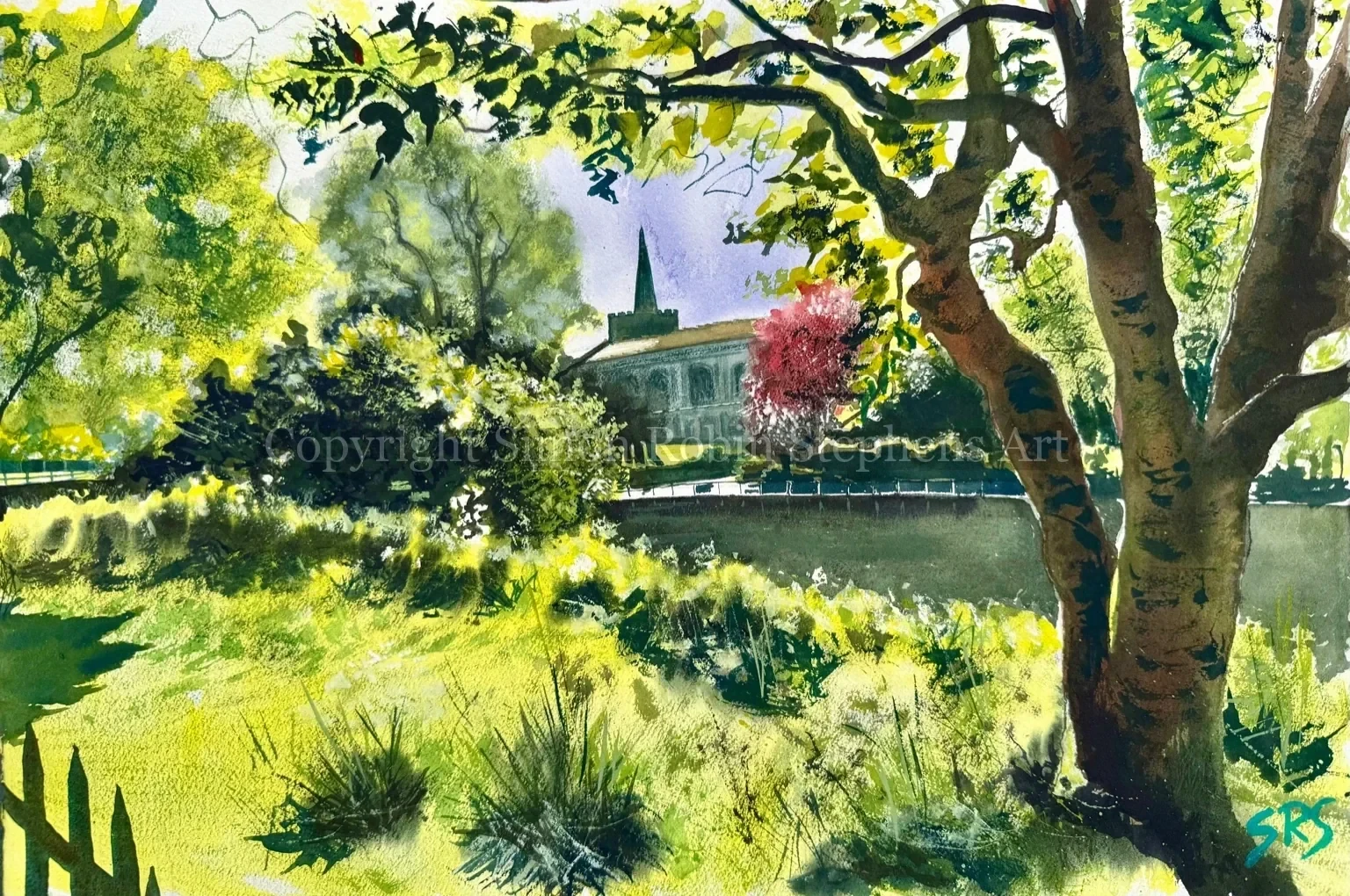 Inspired By Carshalton original watercolour painting showing trees, water, church and sunlight near Carshalton Ponds.