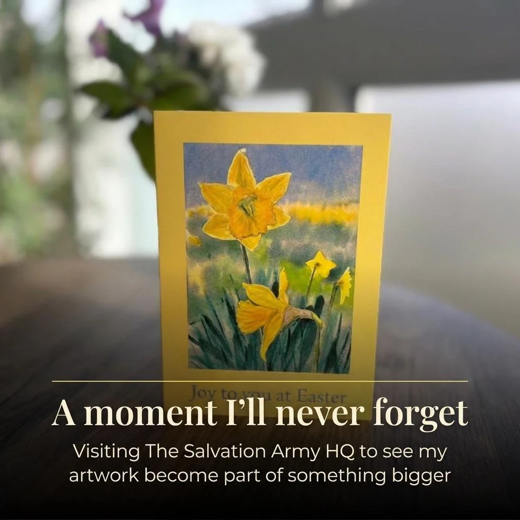 Hope In Bloom daffodil artwork printed on The Salvation Army Easter card, shown on a table with text about visiting The Salvation Army headquarters.