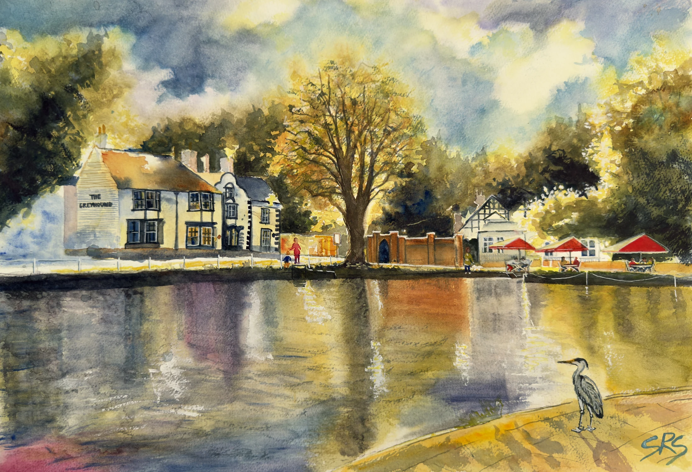 The Heron’s View original watercolour inspired by Carshalton Ponds, Honeywood Museum and a heron by the water.