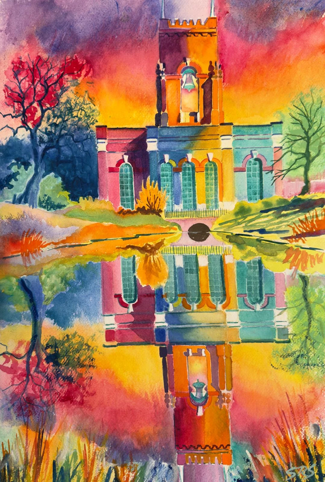 The Water Tower Dream original watercolour inspired by Carshalton Water Tower and its reflection.
