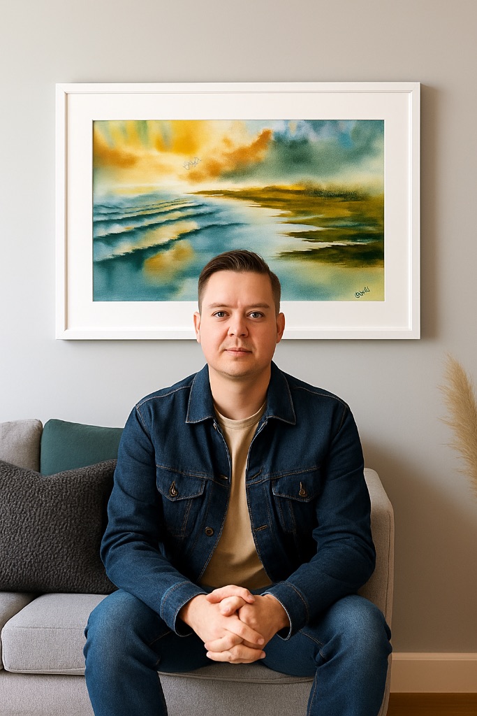 Simon Robin Stephens, Sutton-based watercolour artist in his Carshalton studio painting therapeutic South London landscapes