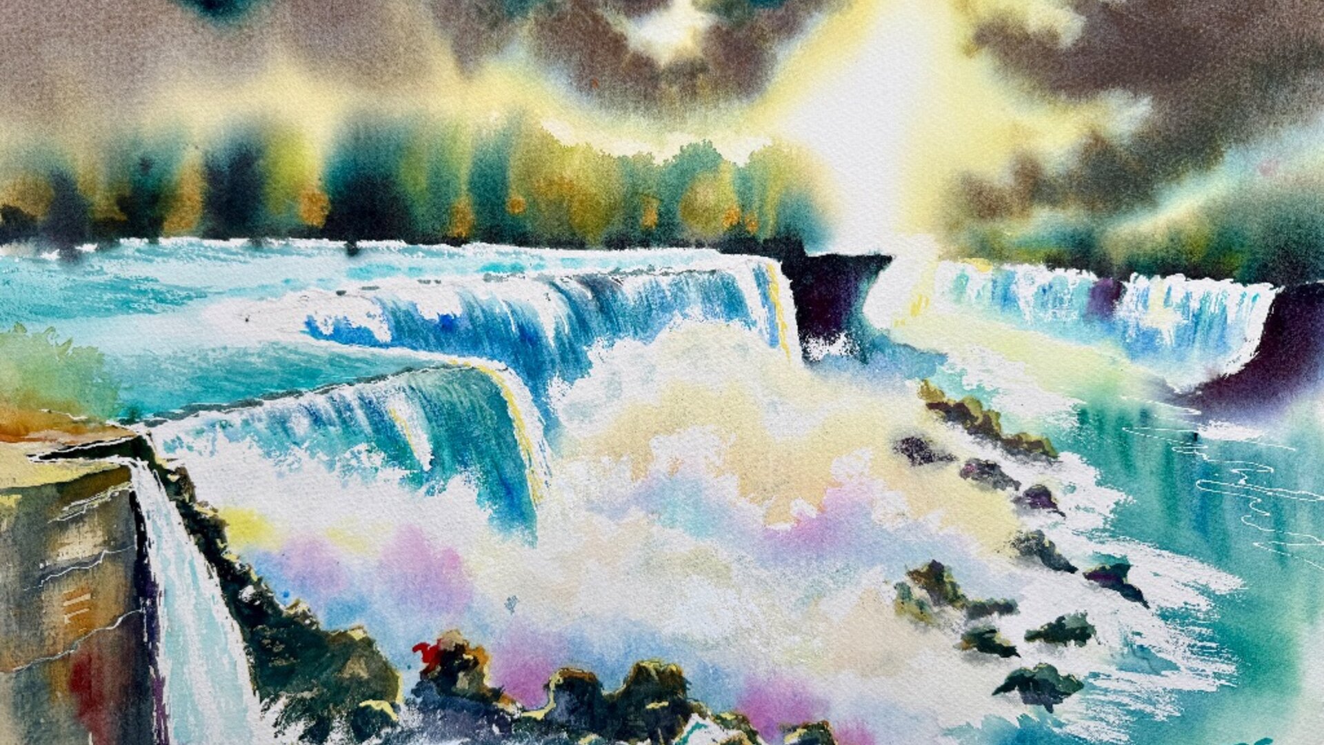 Watercolor painting of dramatic waterfall with turquoise water and misty atmosphere by Simon Robin Stephens