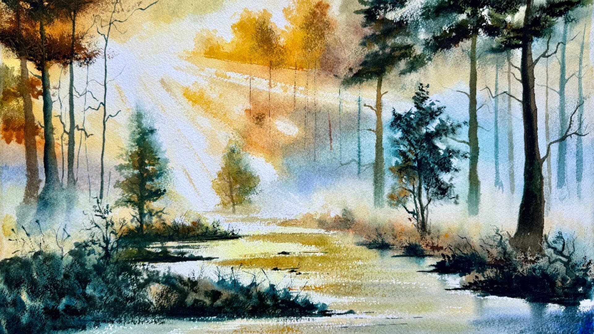 Watercolor painting of misty forest with golden autumn trees and ethereal light rays
