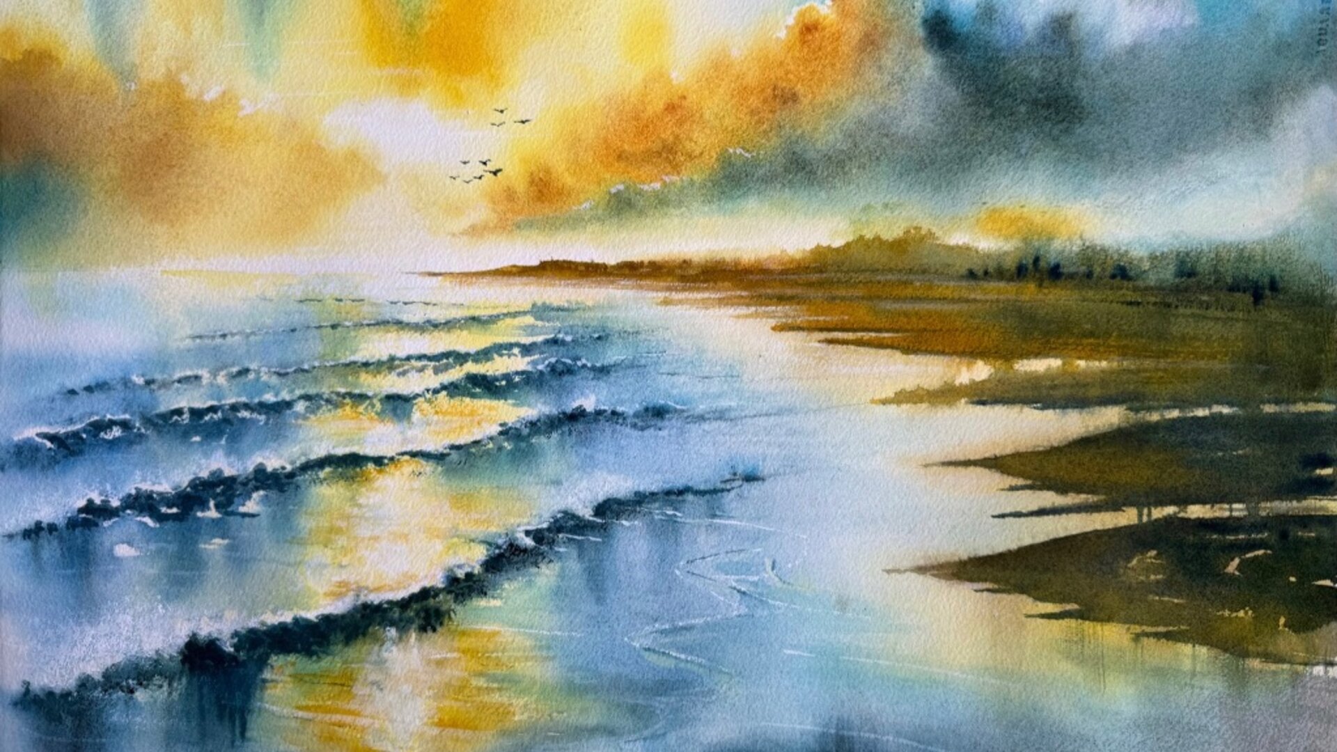 Watercolor painting of serene coastal landscape with golden sunset reflecting on calm waters