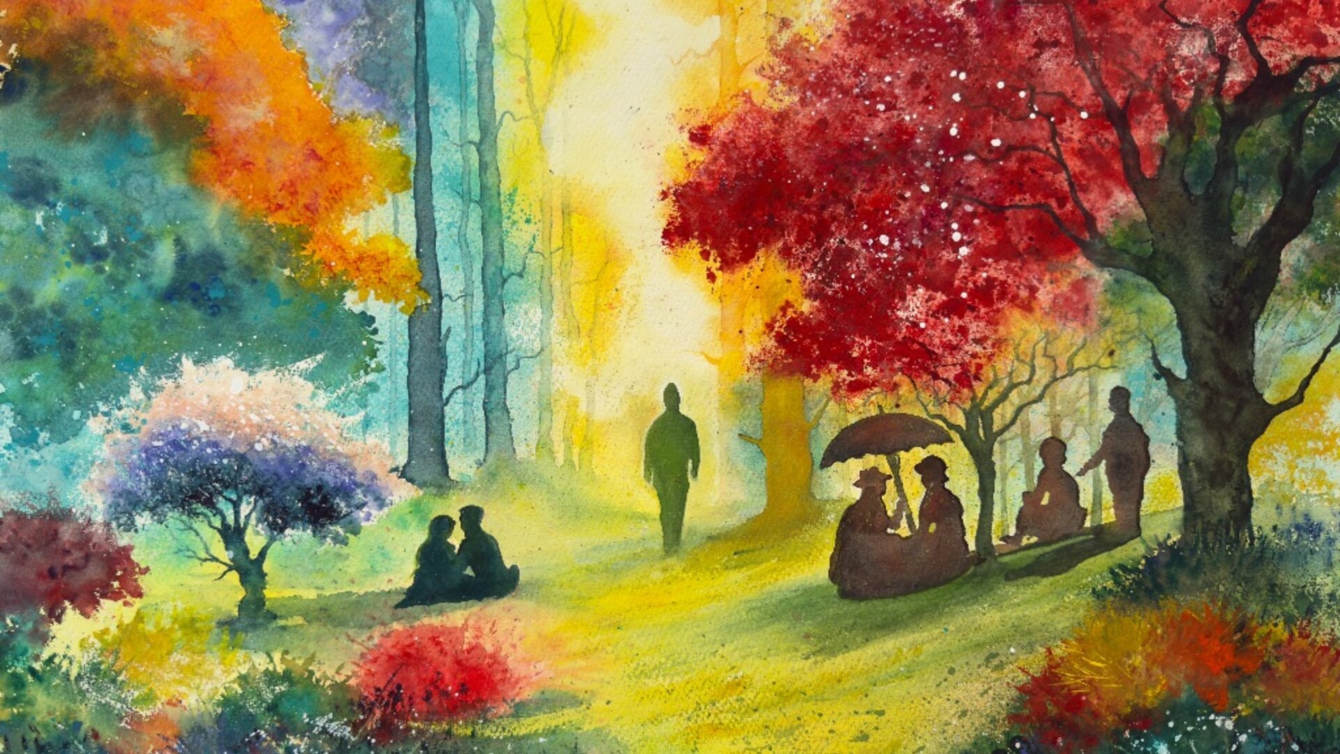 Watercolor painting of vibrant autumn park with red and orange trees, people relaxing in therapeutic landscape